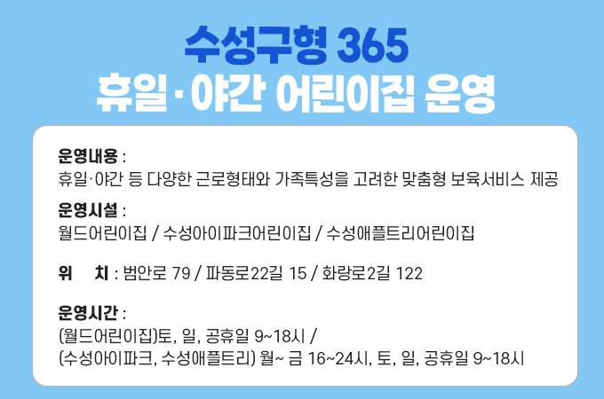 수성구형 365 휴일·야간 어린이집 운영 - 운영내용 : 휴일·야간 등 다양한 근로형태와 가족특성을 고려한 맞춤형 보육서비스 제공

운영시설 : 월드어린이집 / 수성아이파크어린이집 / 수성애플트리어린이집

위     치 : 범안로 79 / 파동로22길 15 / 화랑로2길 122

운영시간 : (월드어린이집)토, 일, 공휴일 9~18시 / (수성아이파크, 수성애플트리) 월~ 금 16~24시, 토, 일, 공휴일 9~18시